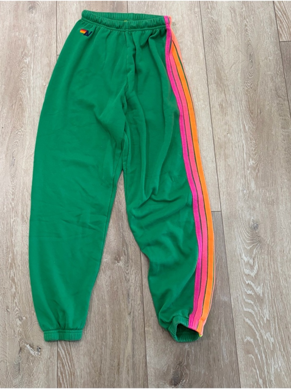 Aviator Nation green sweatpants with pink/orange stripes #loungewear #sweatpants